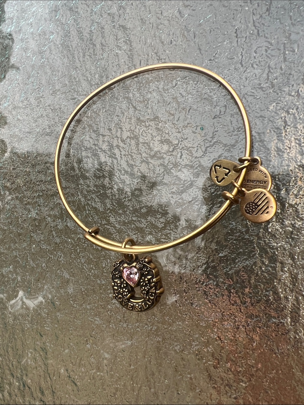 Alex and Ani Gold-Tone Expandable Bracelet with Pink Heart Crystal Charm